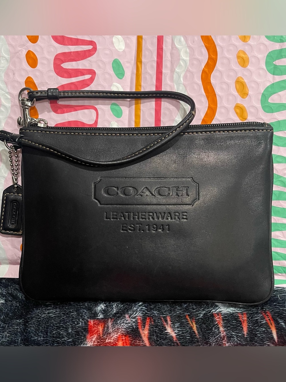 COACH Black Leatherware Wristlet Pouch with Embossed Logo
